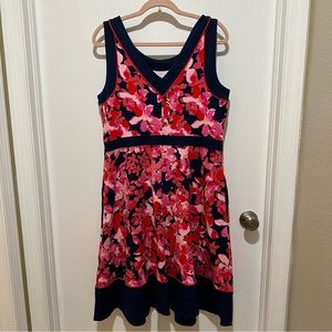 Lands End Size 14 Ponte Knit Sleeveless Fit Flare Dress Pink Navy Floral Print